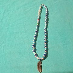 Handcrafted Beaded Necklace Blue Beige Feather Charm Nature Theme