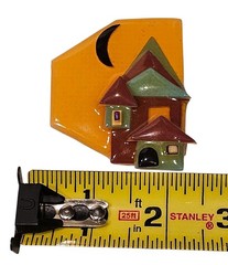 Vintage Artisan Made House Pins By Lucinda Mixed Materials House & Moon Brooch