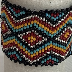 Handmade Beadweaving Bracelet Black, Red, Yellow, Turquoise, Silver