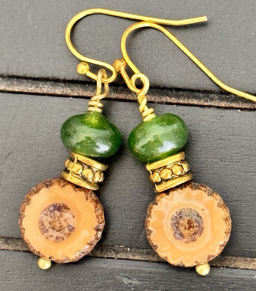 Gold, Brown Picasso and Jade Bead Dangle Earrings. Boho Chic
