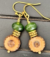 Gold, Brown Picasso and Jade Bead Dangle Earrings. Boho Chic