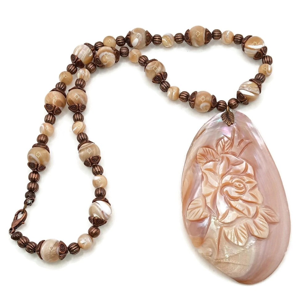 Large Spectacular Carved MOP Pendant Necklace