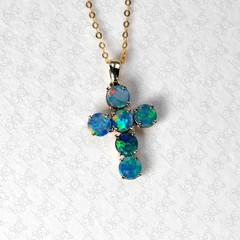 14K Gold Cross Pendant Necklace, Australian Opal Doublet