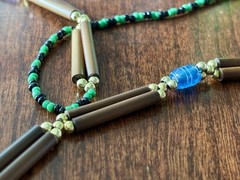 Vintage Wood Glass Metal Beaded Long Necklace Artisan Boho 30” With 2” Drop