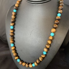 Navajo Blue Turquoise Brown Tigers Eye Sterling Silver Necklace 20″ 13895