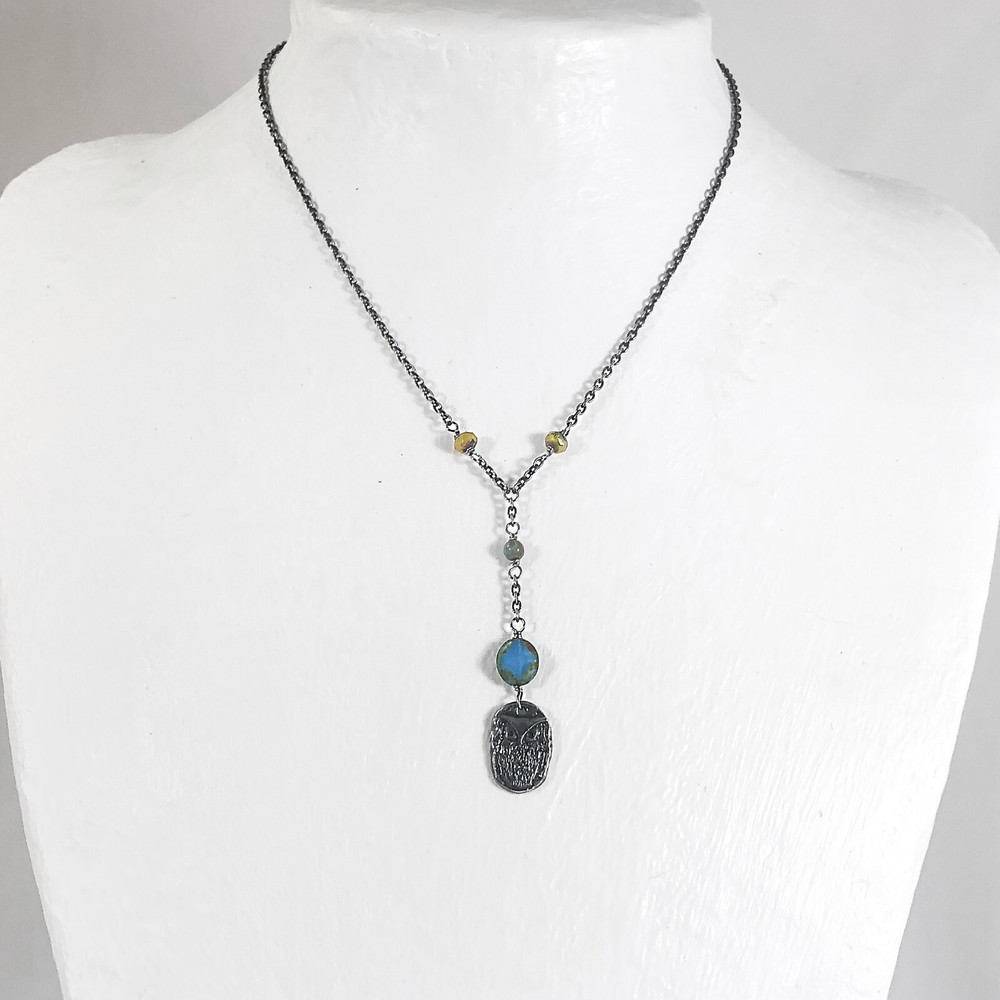 Antique Silver Hoot Owl Choker Czech Blue Picasso and Yellow Opal glass Beads
