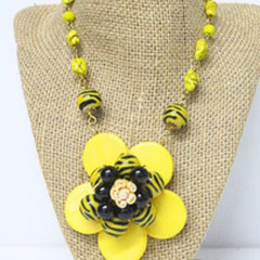 Handmade Yellow Flower Statement Necklace Black Zebra Beads Toggle Clasp
