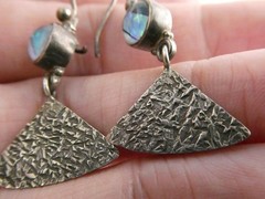 Rio Artisan 950 Silver Opal and Art Glass Doublet Textured Hook Earrings 5.8g