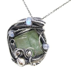 Prehnite & Rainbow Moonstone Pendant Necklace, Wire-Wrapped in Sterling Silver