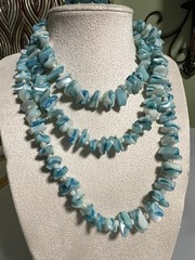 Vintage Blue Mother of Pearl Shell Chip Necklace & Earrings Endless 23″ 145g