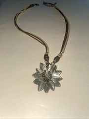Metal Flower Pendant Necklace Pewter Color On Cords Handmade Boho Vintage