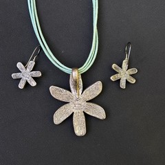 925 Sterling Silver MOP Turquoise Floral Necklace Earrings Set Daisy 31.6g