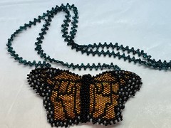 Vintage Monarch Butterfly Necklace Handcrafted Seed Beaded 22” Artisan
