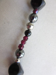 Vintage benchmade silver, faceted garnet, Onyx and hematite beaded necklace