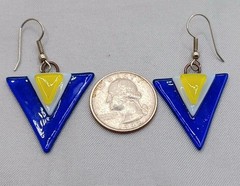 Fused Art Glass Earrings Cobalt Blue, Yellow, White, Triangle Dangle Earrings