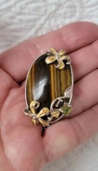 1970’s Tigers Eye Pendant in Sterling with Enamel Flowers & Gems