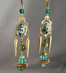 Handcrafted Egyptian Revival Earrings, Pharaoh, Tut, Czech Glass, Green, Gold