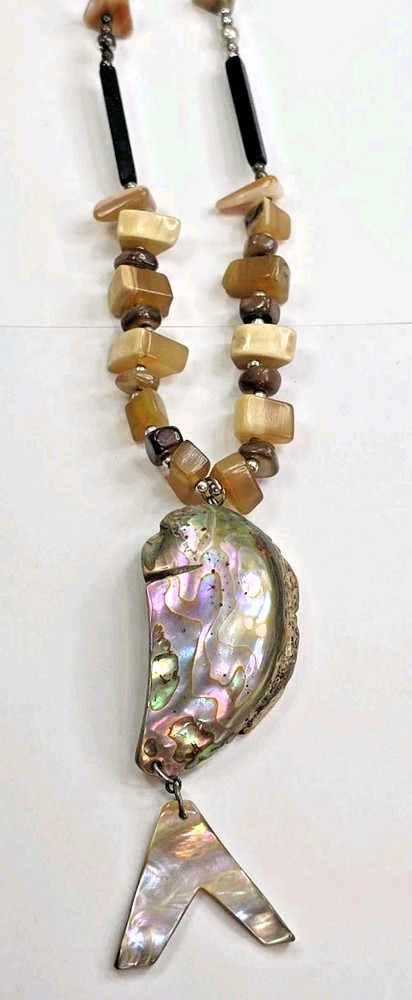 Handcrafted Beaded Necklace w/ Abalone Shell Freeform Pendant, Lobster Clasp