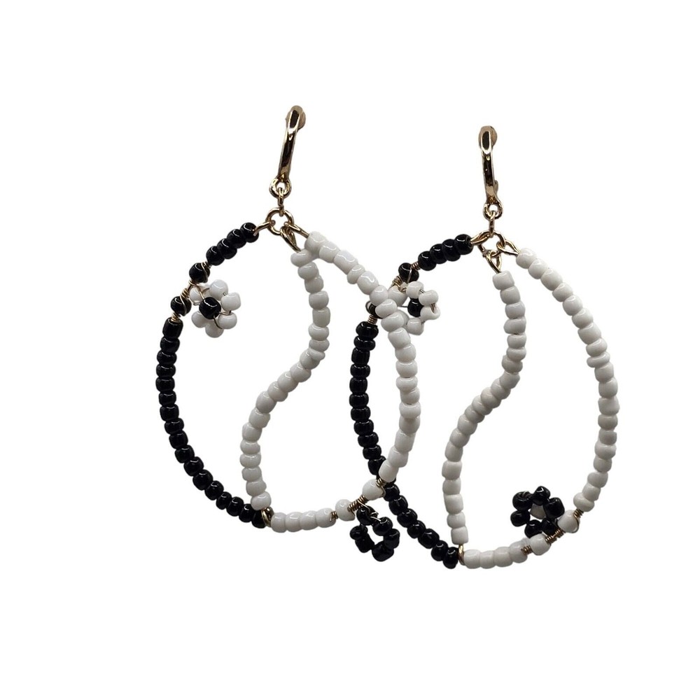 Pierced Earrings Black White Seed Beads Floral Motif Dangle Drop Statement