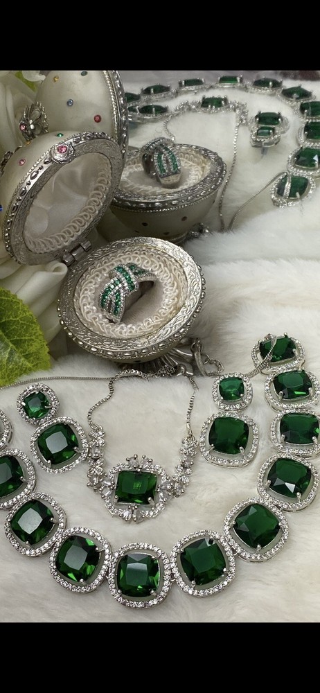 💝Silver, CZ & Green Quartz Jewelry Set, Necklace, Earrings, Bracelet & Ring