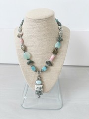 Genuine Sterling Silver, Jasper & Amazonite Beaded Necklace Blue Green Pink Gray