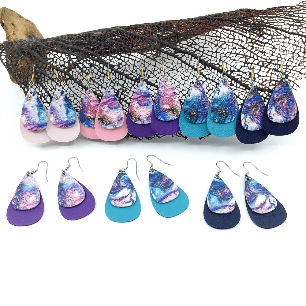 Genuine Leather Handcrafted Oil Slick with Gold Teardrop Earrings 2″ SS Wires