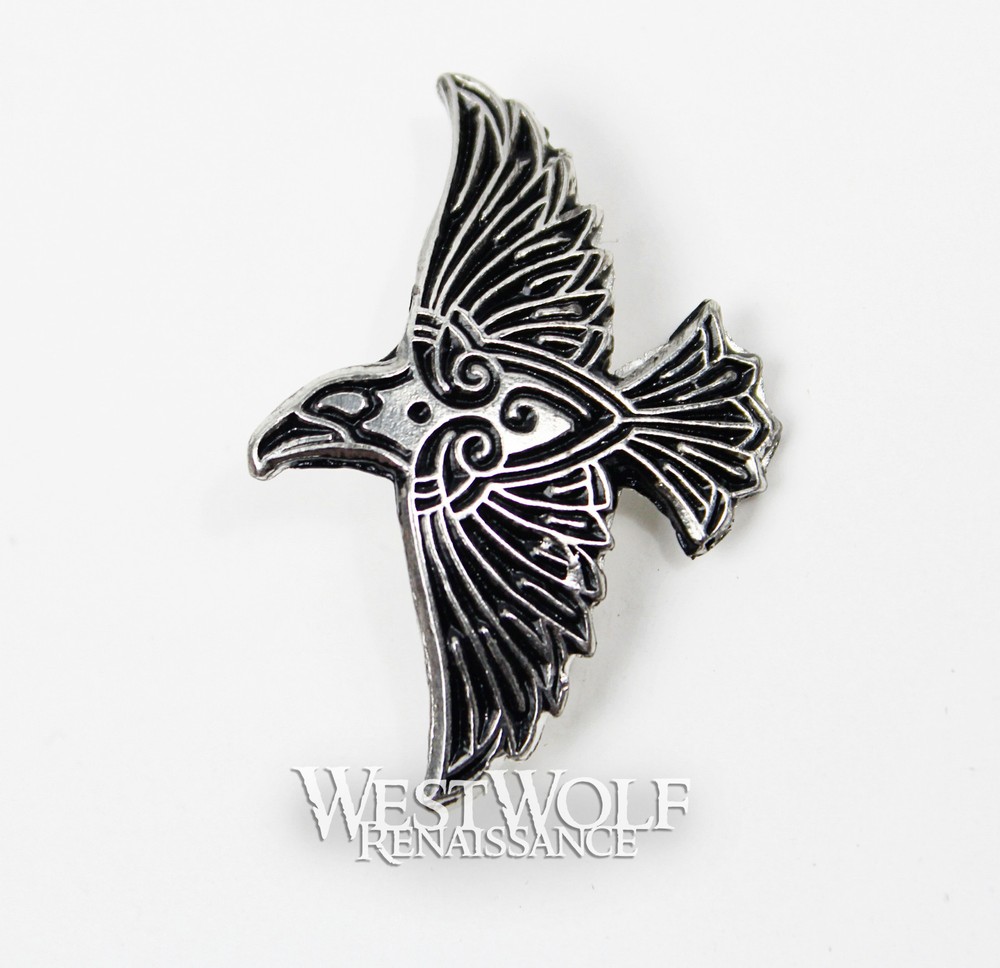 Celtic / Viking Flying Raven Pin — Norse/Crow/Medieval/Silver/Coat/Cloak/Brooch