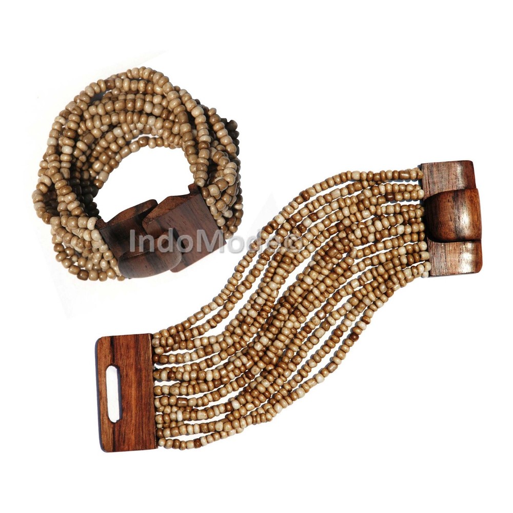 Bone White BALI Bracelet Hardwood Buckle Clasp 14-strand Glass Beads in GIFT Box