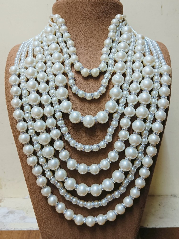 Heavy 8 Layered Chunky Creamy White Faux Pearls Statement Bib 24″Inch Necklace