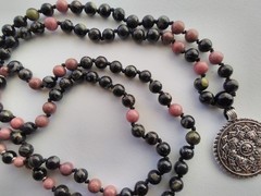 Mala 108 Beads, Flower Obsidian, Rhodonite & Onyx Hand knotted Mala Necklace