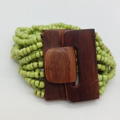 Green Plastic Beaded Stretch Wooden Buckle Cuff Bracelet