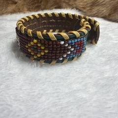 Vintage 1970’s Indian Bead Cuff Bracelet Woven Pattern Handcrafted Artisan Piece