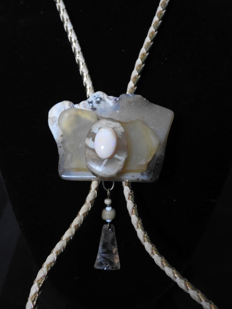 Handmade Artisan Moss Agate & Mexican Opal Bone Silver Bolo Tie