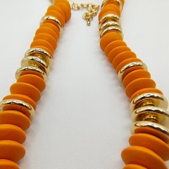 Boho Wood Disc Bead Statement Necklace Set of 2 Orange Turquoise Color Gold Tone