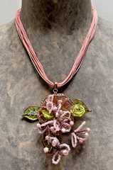 Floral Pink Wired Glass Beaded Multi Cord Necklace Artisan & Earrings 90s