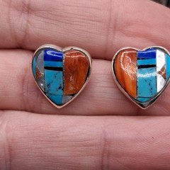 Native Southwestern Inlay Stud Earrings Heart Shape Multi Color Sterling Silver