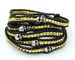 Brown Leather Wrap Bracelet Silver Pyrite Skull Beads