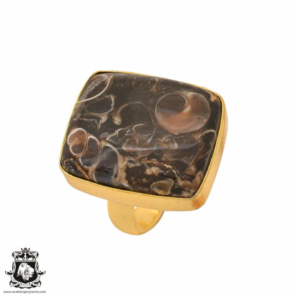 Size 7.5 – Size 9 Adjustable Turritella Agate 24K Gold Plated Ring GPR1029