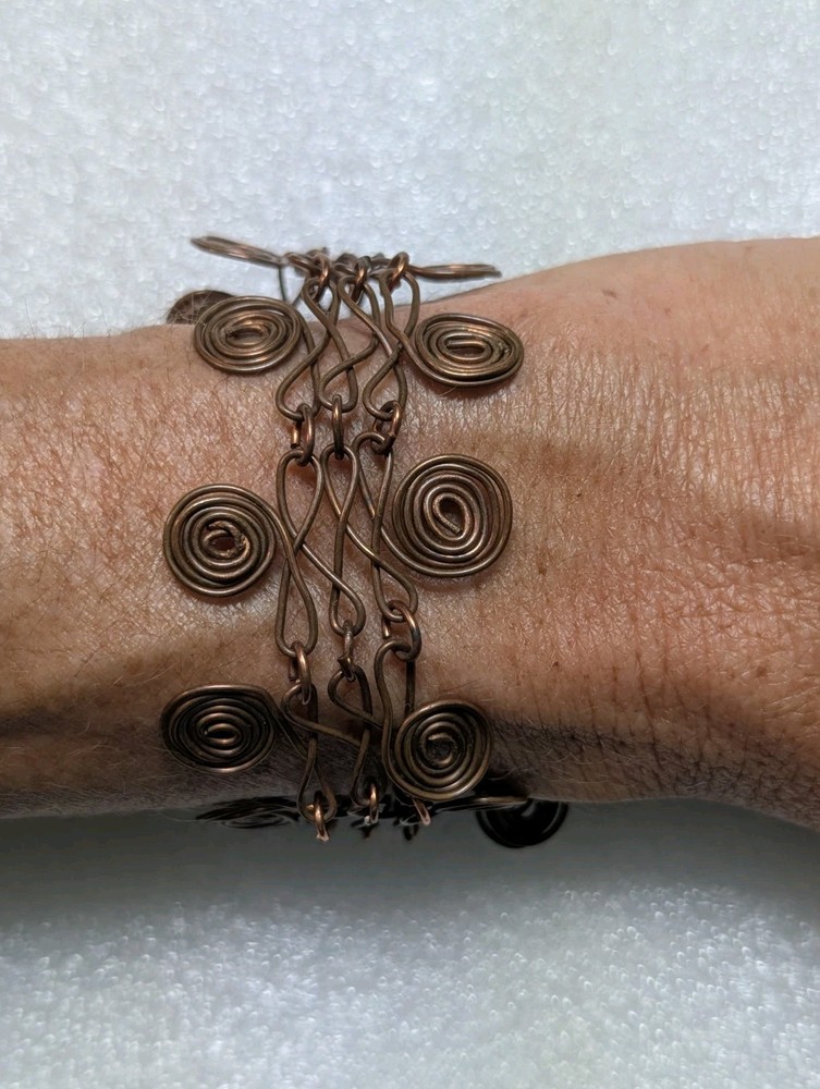 Vintage 90s Handmade Antiqued Copper Moldable Swirl Design Bracelet 7″