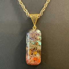 Vintage Chakra Multicolor Genuine Stone Chips Lucite Pendant W/ 24” Necklace