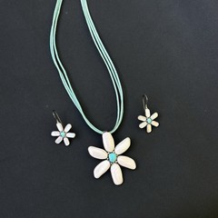 925 Sterling Silver MOP Turquoise Floral Necklace Earrings Set Daisy 31.6g