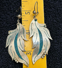 Mexican signed MDM 925 Sterling Silver Alpaca? Leaf Shape Turquoise? Earrings