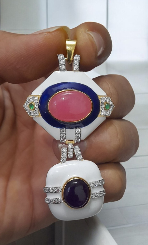 Pink Sapphire & Amethyst Totem Pendant Women 925 Sterling Silver White Enamel