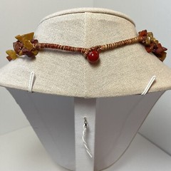 Vintage Red Yellow Jasper Chip Hand Knotted 6 Strand Thread Necklace 18.5″