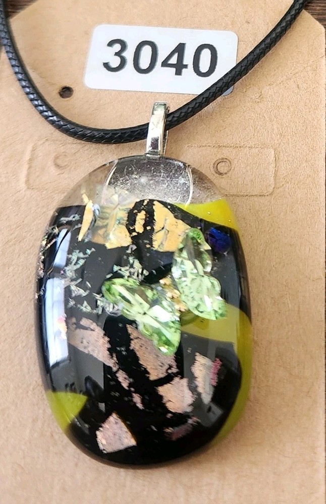 Handmade Glass Fused Pendant Necklace Crystal Butterfly On Cotton Cord #3040