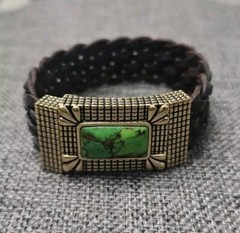 Barse Weave Leather With Color Treated Green Turquoise Magnet Bracelet. RU