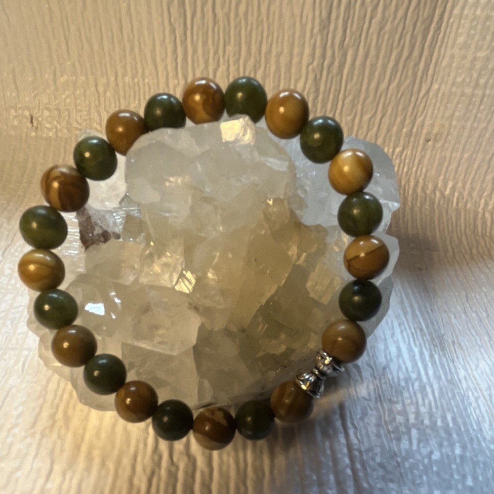 Serpentine Gemstone paired with picture Jasper Beaded stretchy Bracelet