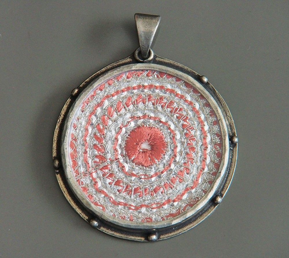 Presh Vintage 925 Sterling Silver Embroidered Fabric Pendant