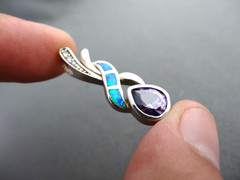 MODERNISTIC STERLING RETRO PURPLE GLASS RHINESTONE SIM OPAL INLAY SLIDER PENDANT