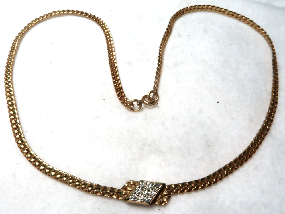 VINTAGE DESIGN GOLD TONE CLEAR CRYSTAL NECKLACE ~ SIGNED: ANSON
